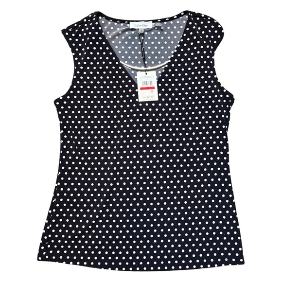 NWT Calvin Klein Navy Blue White Polka Dot Sleeveless Blouse Top - Picture 2 of 6